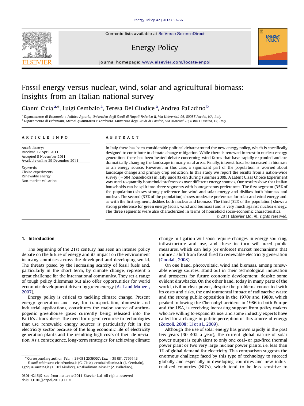 Fossil energy versus nuclear, wind, solar and agricultural biomass: Insights from an Italian national survey