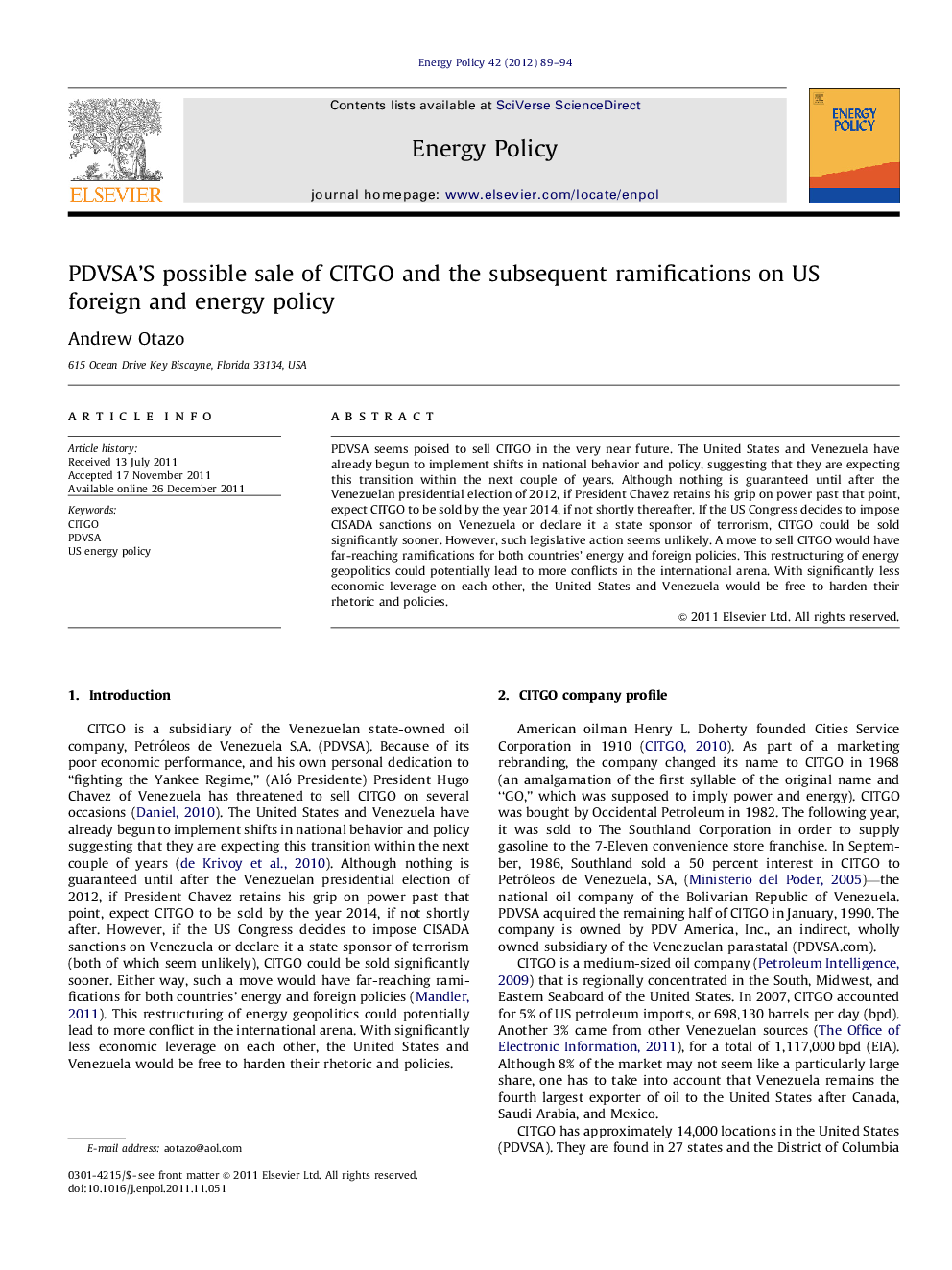 PDVSA'S possible sale of CITGO and the subsequent ramifications on US foreign and energy policy