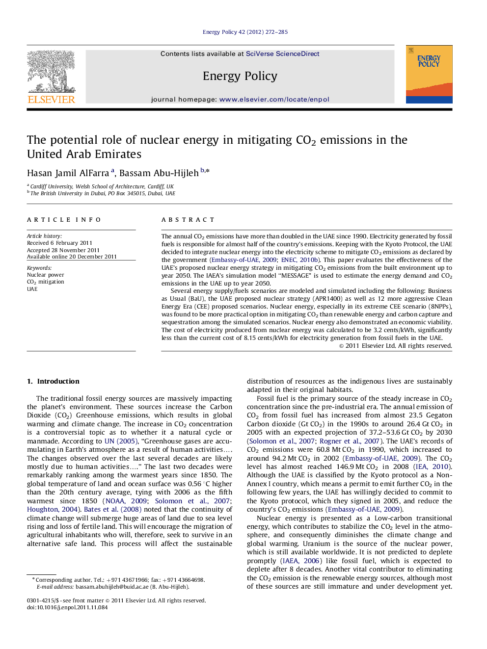 The potential role of nuclear energy in mitigating CO2 emissions in the United Arab Emirates