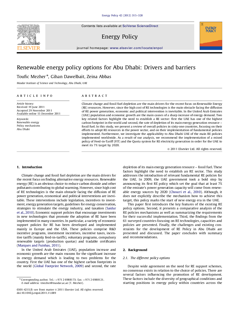 Renewable energy policy options for Abu Dhabi: Drivers and barriers