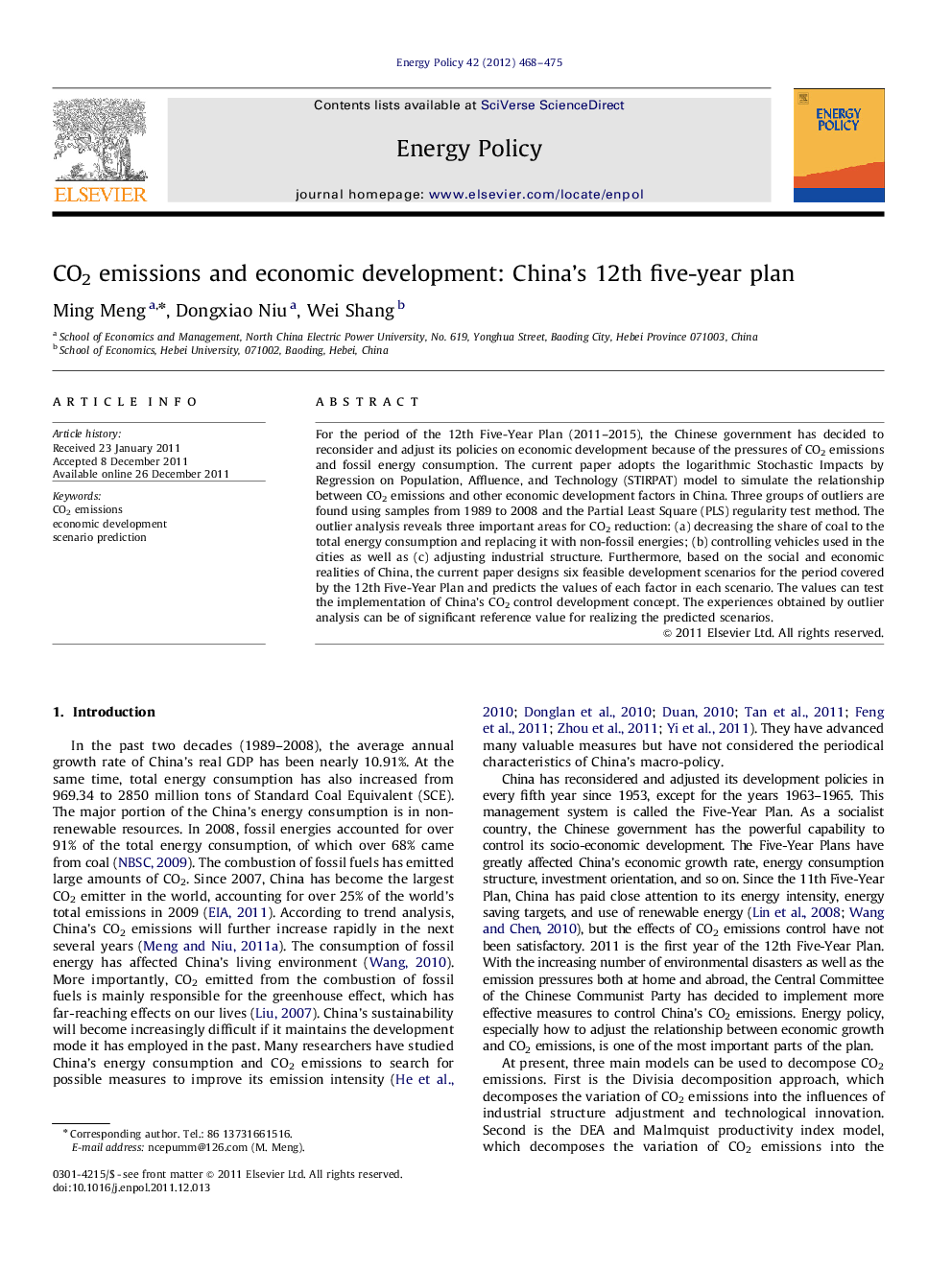 CO2 emissions and economic development: China's 12th five-year plan