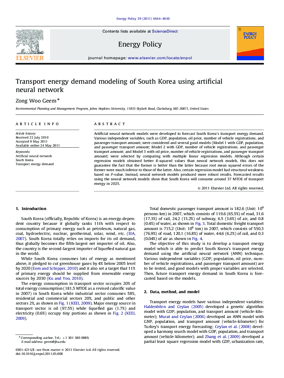 Transport energy demand modeling of South Korea using artificial neural network