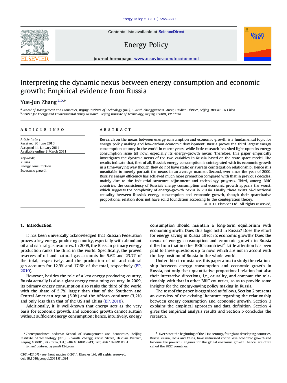 Interpreting the dynamic nexus between energy consumption and economic growth: Empirical evidence from Russia