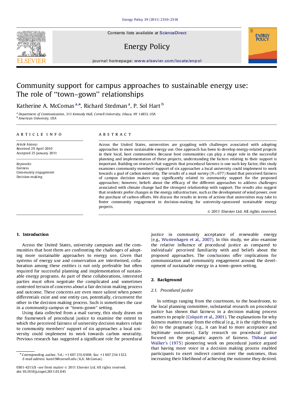 Community support for campus approaches to sustainable energy use: The role of “town–gown” relationships