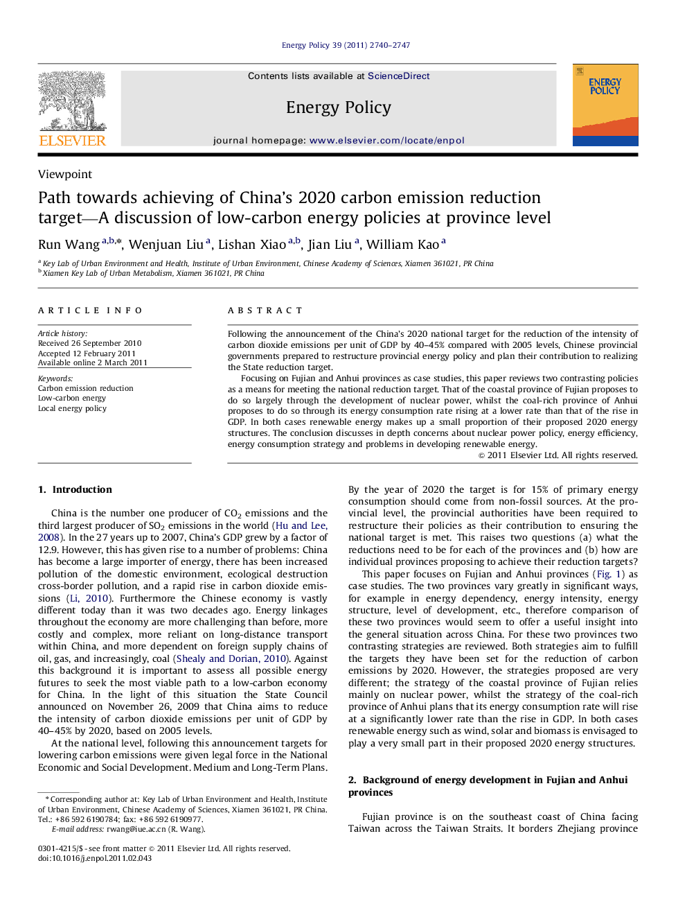 Path towards achieving of China's 2020 carbon emission reduction target—A discussion of low-carbon energy policies at province level