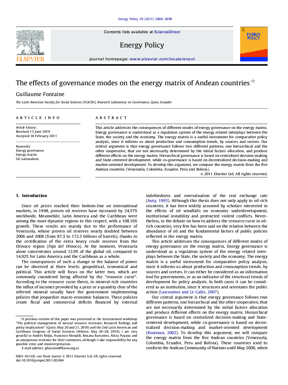 The effects of governance modes on the energy matrix of Andean countries 