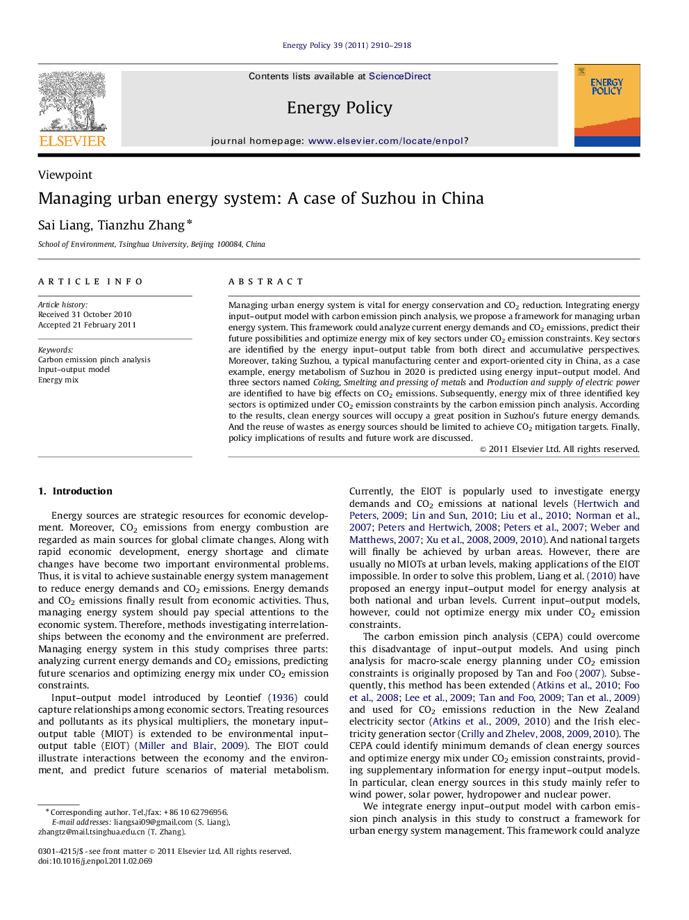 Managing urban energy system: A case of Suzhou in China