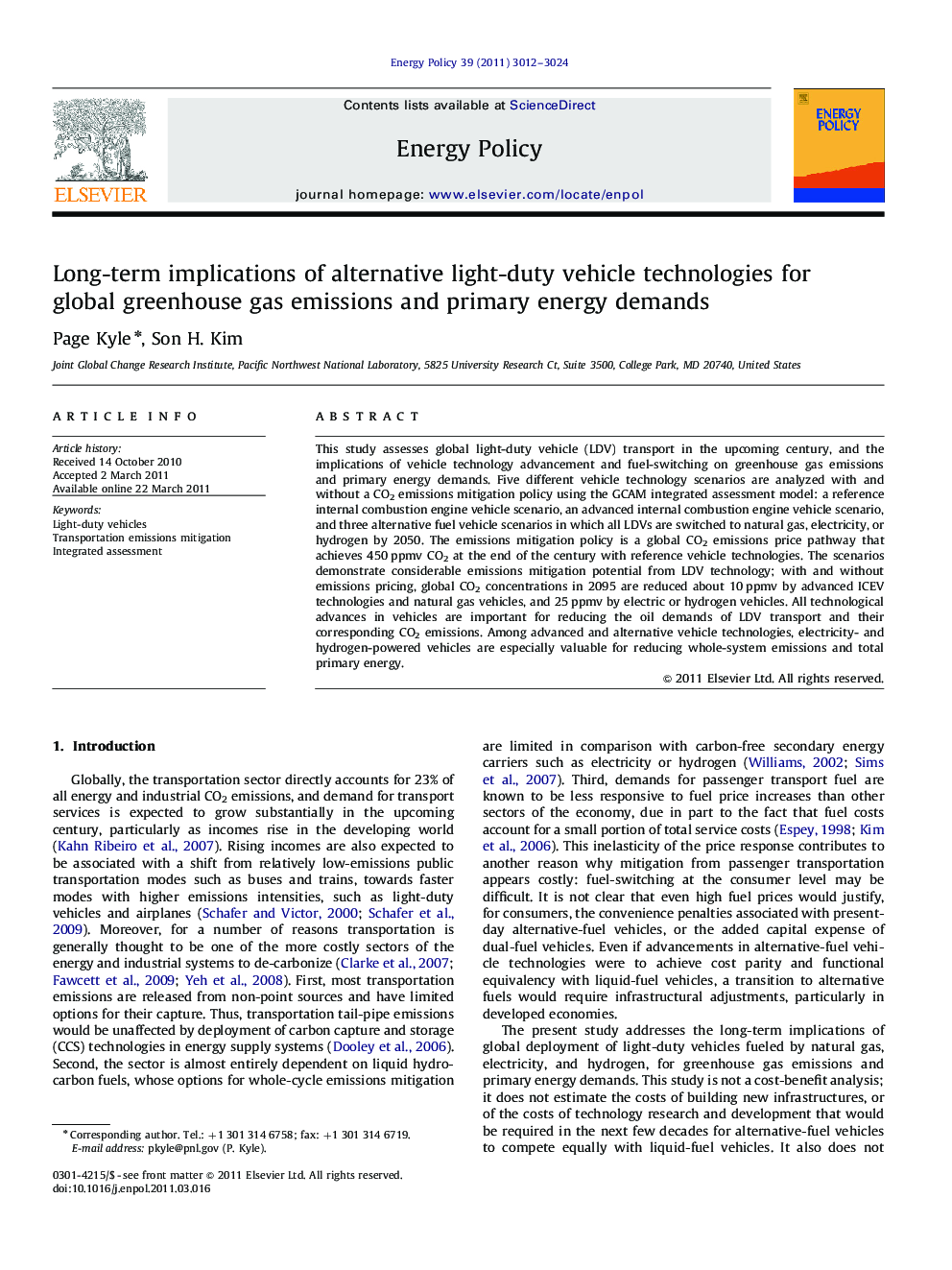 Long-term implications of alternative light-duty vehicle technologies for global greenhouse gas emissions and primary energy demands