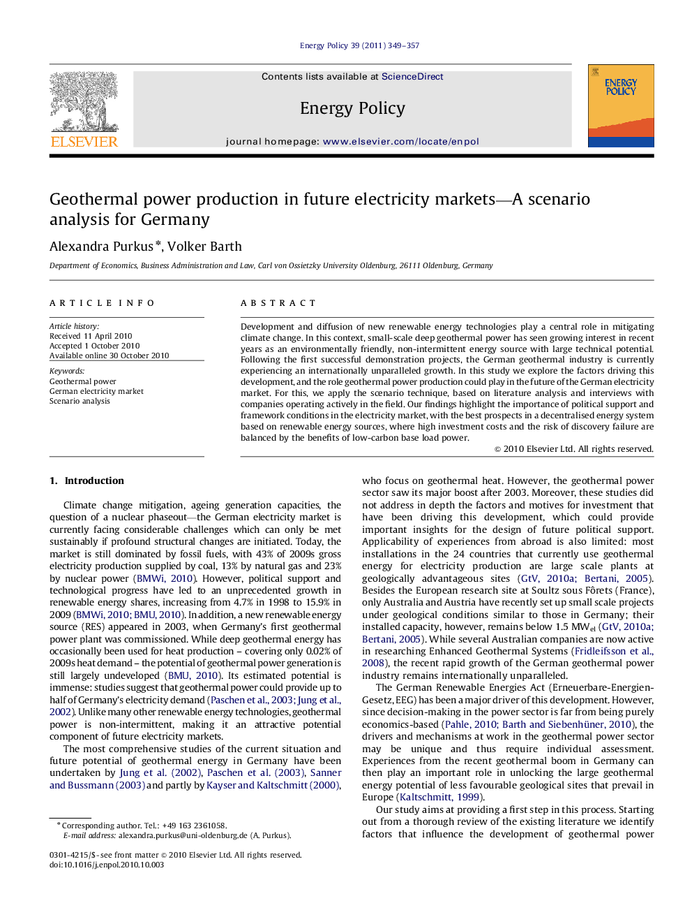 Geothermal power production in future electricity markets—A scenario analysis for Germany