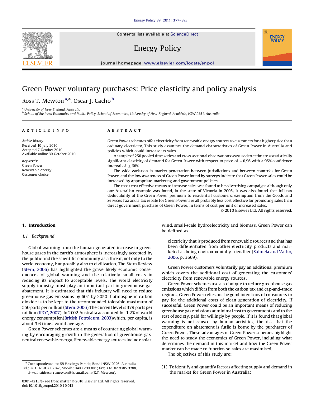 Green Power voluntary purchases: Price elasticity and policy analysis