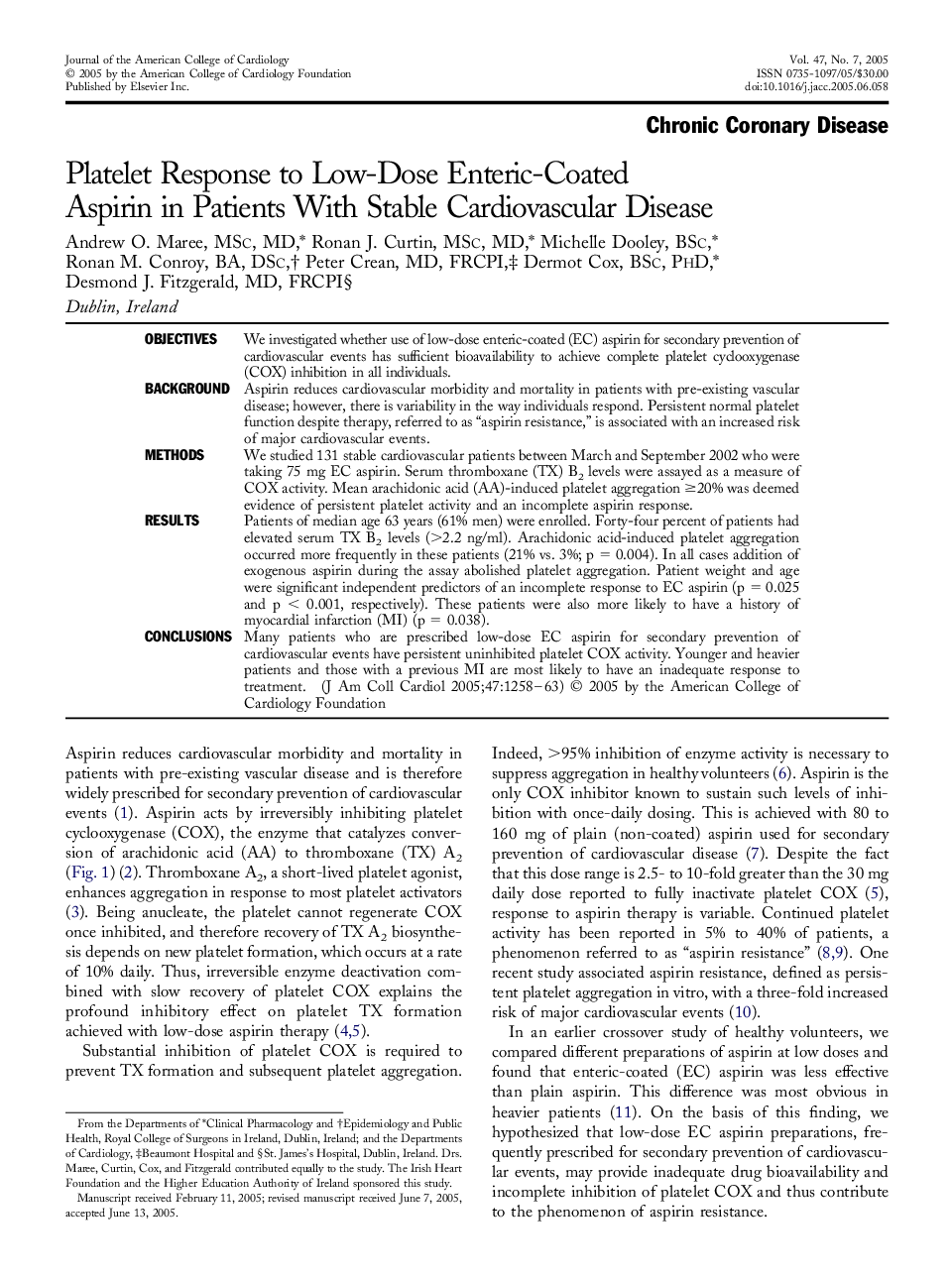 Platelet Response to Low-Dose Enteric-Coated Aspirin in Patients With Stable Cardiovascular Disease