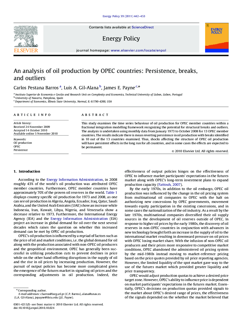 An analysis of oil production by OPEC countries: Persistence, breaks, and outliers