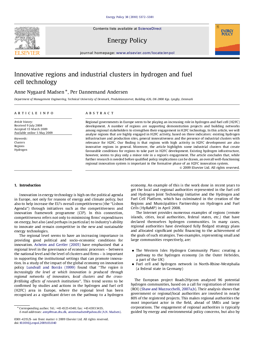 Innovative regions and industrial clusters in hydrogen and fuel cell technology