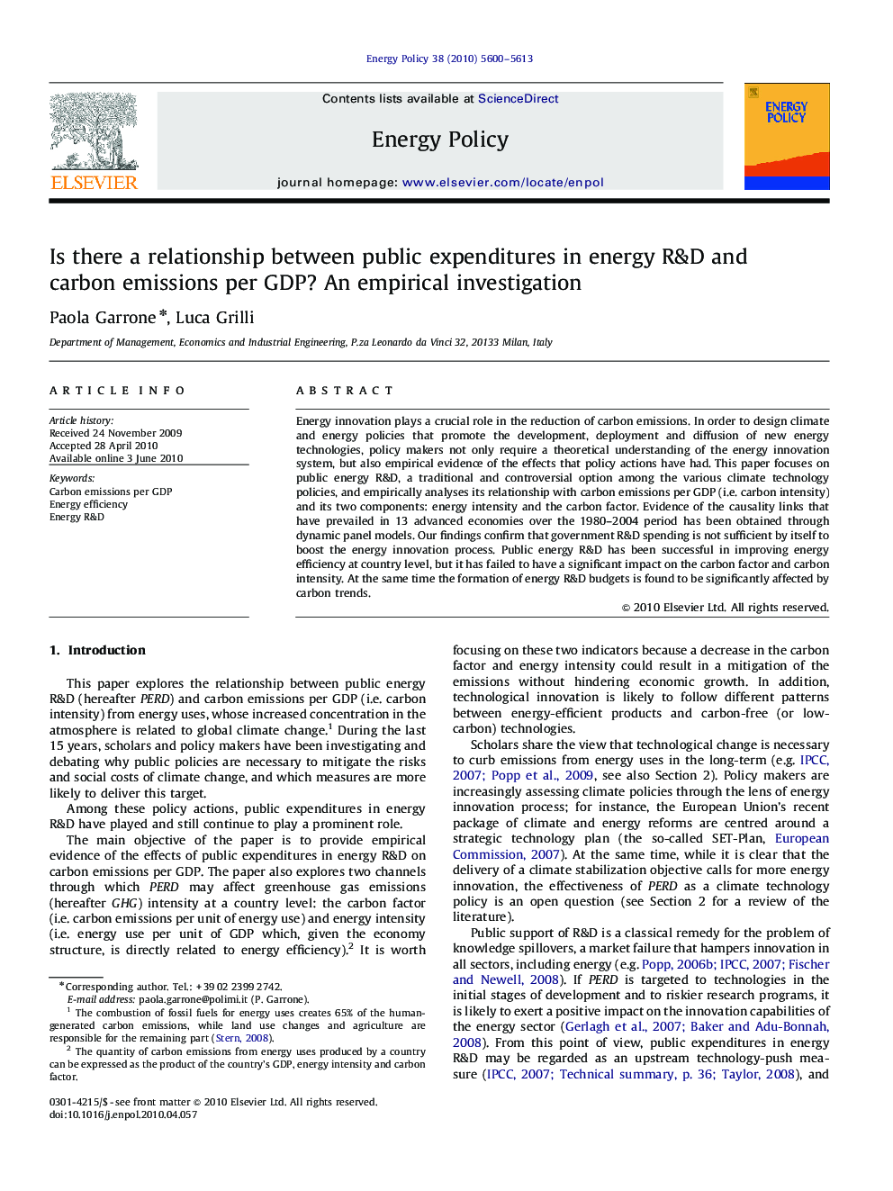 Is there a relationship between public expenditures in energy R&D and carbon emissions per GDP? An empirical investigation