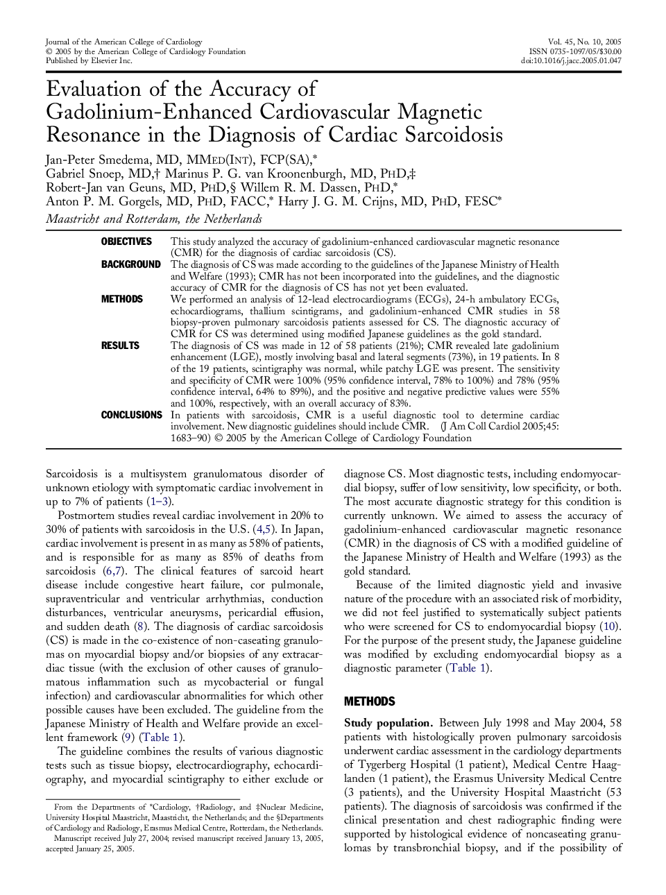 Evaluation of the Accuracy of Gadolinium-Enhanced Cardiovascular Magnetic Resonance in the Diagnosis of Cardiac Sarcoidosis