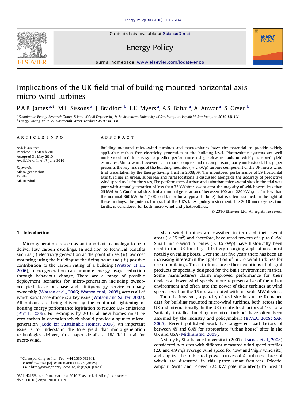 Implications of the UK field trial of building mounted horizontal axis micro-wind turbines