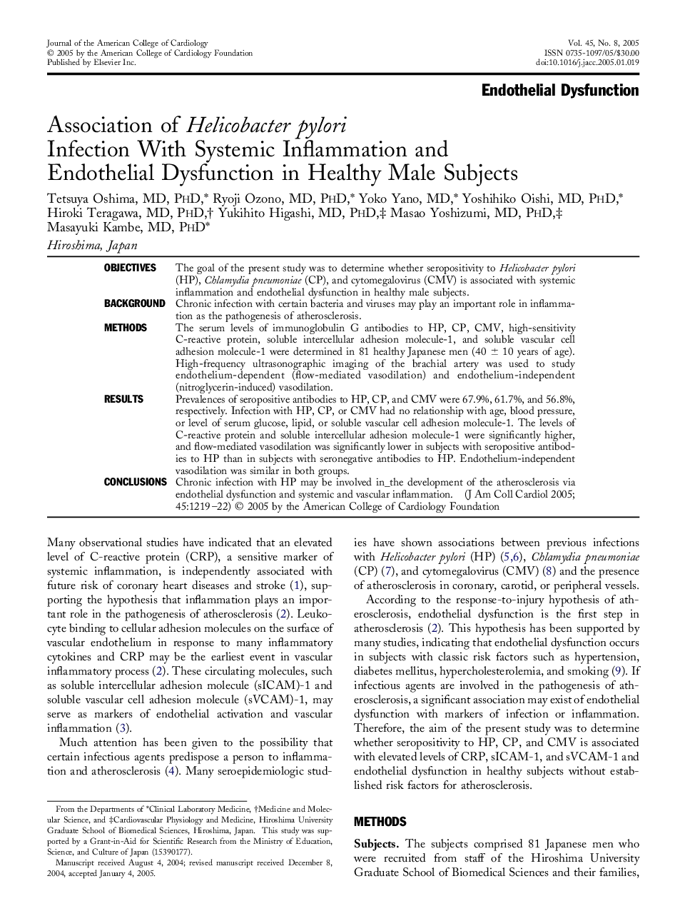 Association of Helicobacter pyloriinfection with systemic inflammation and endothelial dysfunction in healthy male subjects