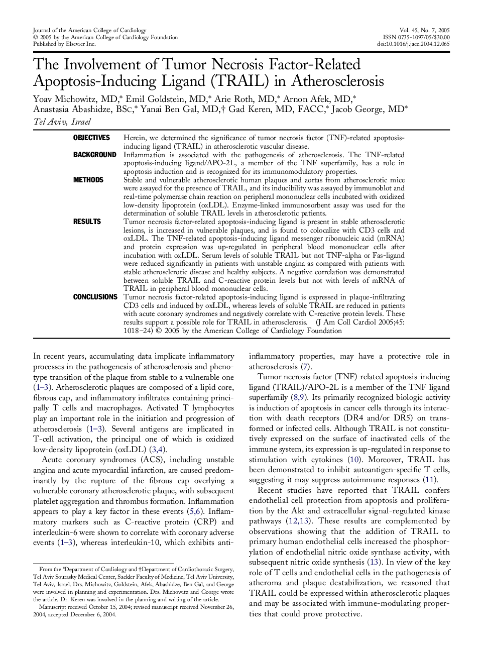 The involvement of tumor necrosis factor-related apoptosis-inducing ligand (TRAIL) in atherosclerosis