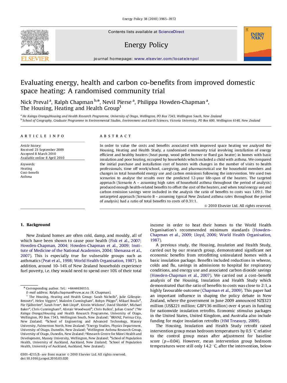 Evaluating energy, health and carbon co-benefits from improved domestic space heating: A randomised community trial