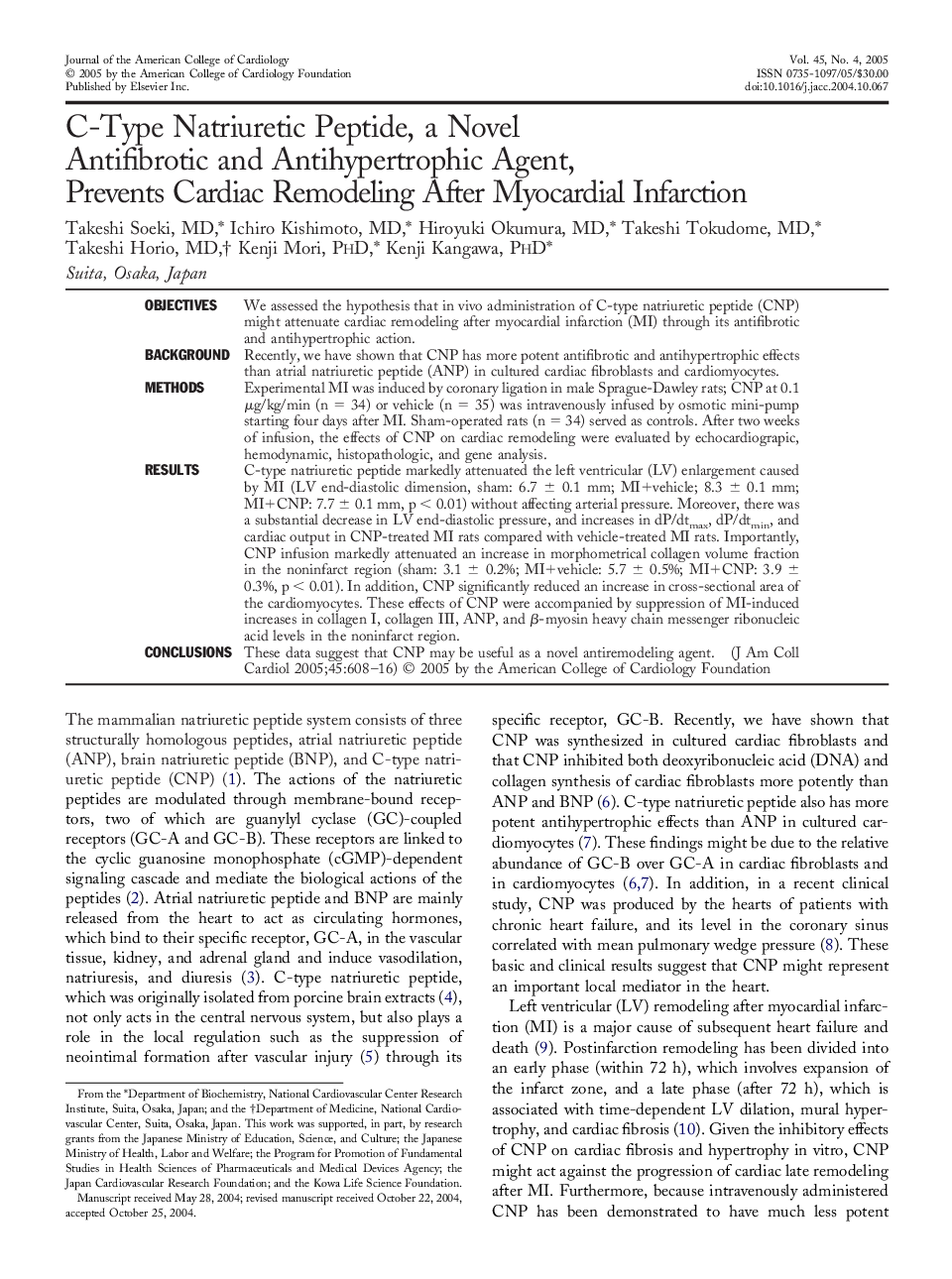 C-type natriuretic peptide, a novel antifibrotic and antihypertrophic agent, prevents cardiac remodeling after myocardial infarction