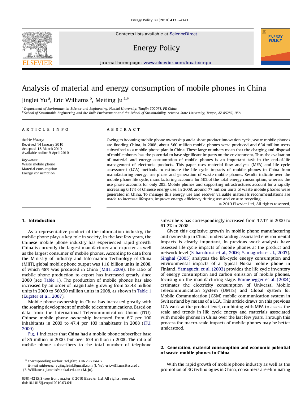 Analysis of material and energy consumption of mobile phones in China