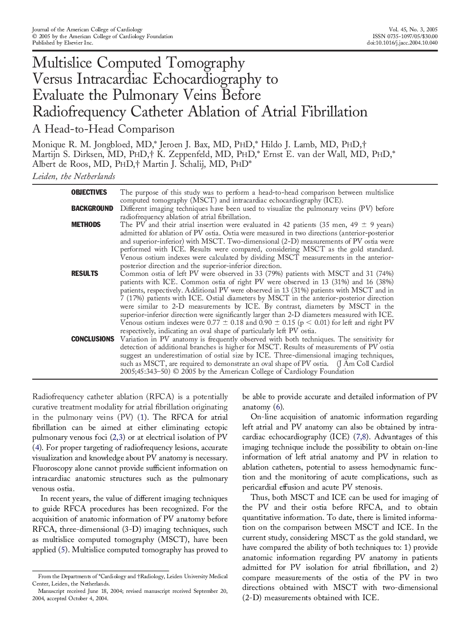 Multislice computed tomography versus intracardiac echocardiography to evaluate the pulmonary veins before radiofrequency catheter ablation of atrial fibrillation