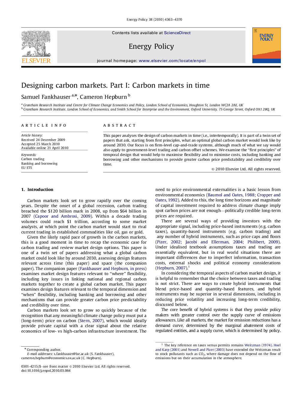 Designing carbon markets. Part I: Carbon markets in time