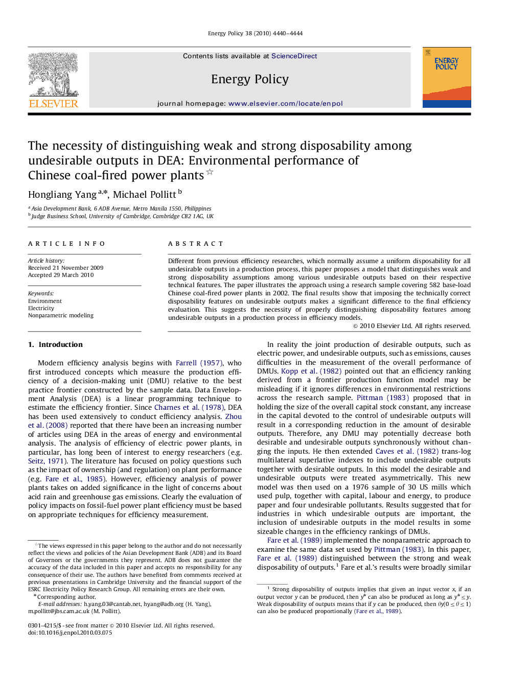 The necessity of distinguishing weak and strong disposability among undesirable outputs in DEA: Environmental performance of Chinese coal-fired power plants 