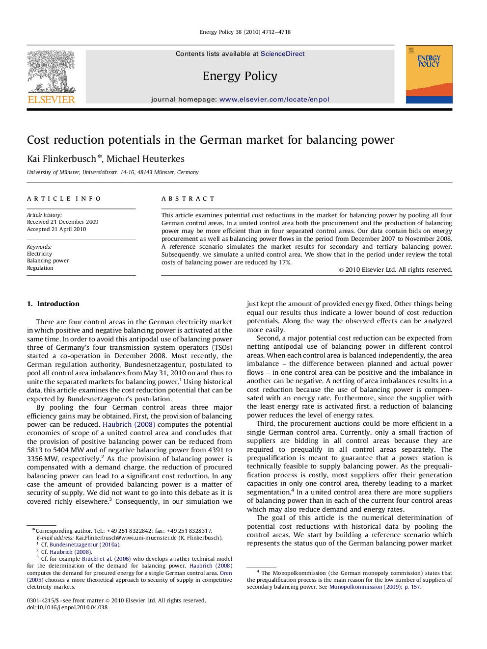 Cost reduction potentials in the German market for balancing power