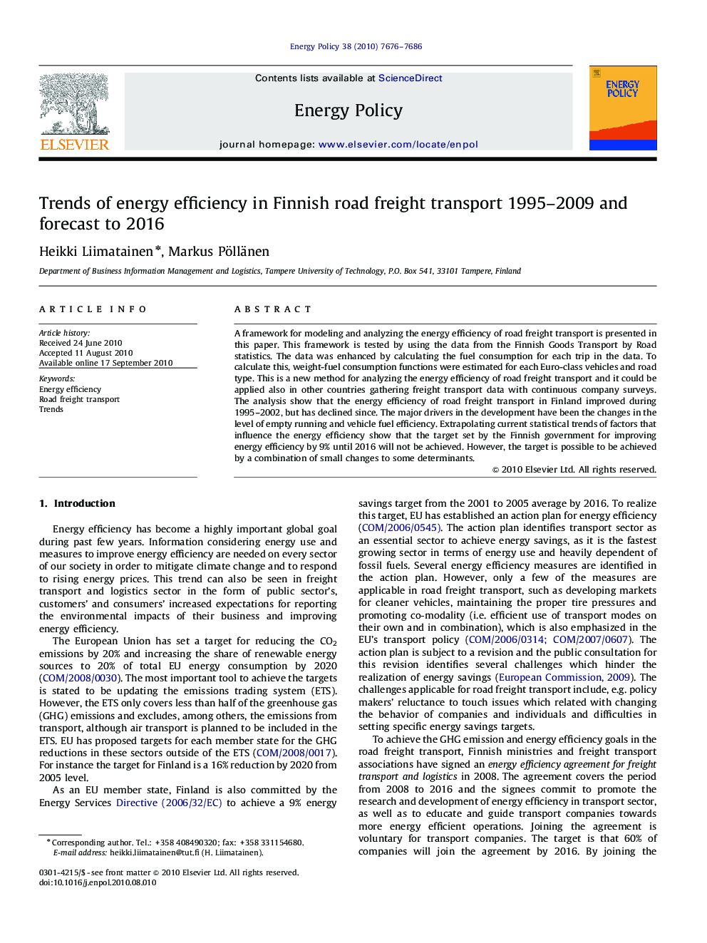 Trends of energy efficiency in Finnish road freight transport 1995–2009 and forecast to 2016