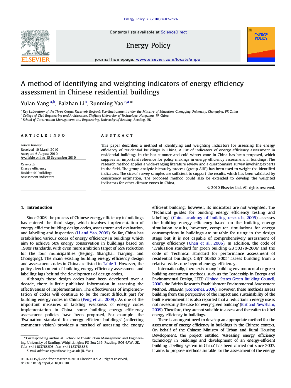 A method of identifying and weighting indicators of energy efficiency assessment in Chinese residential buildings