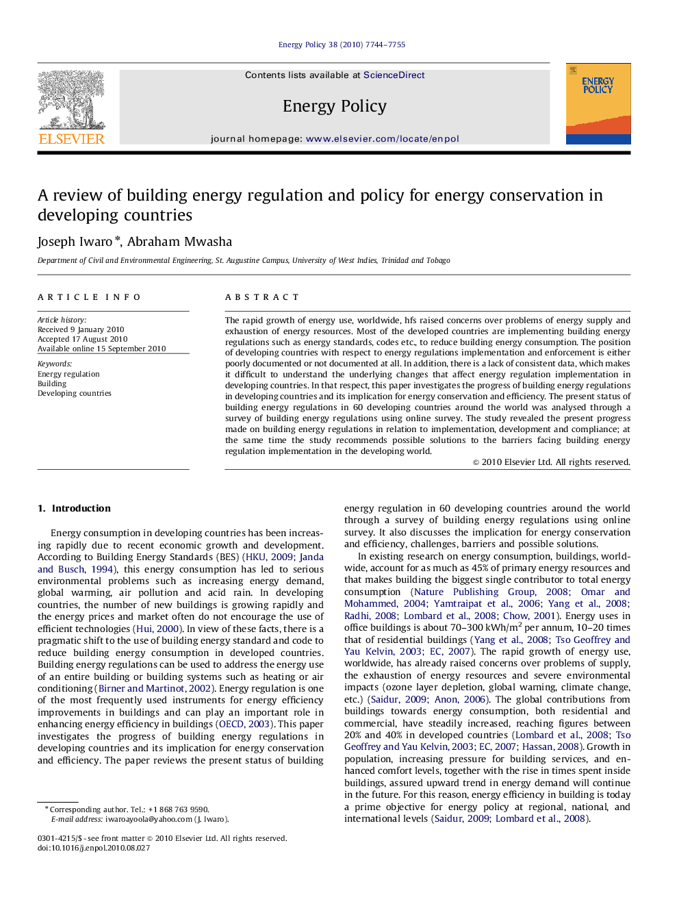 A review of building energy regulation and policy for energy conservation in developing countries