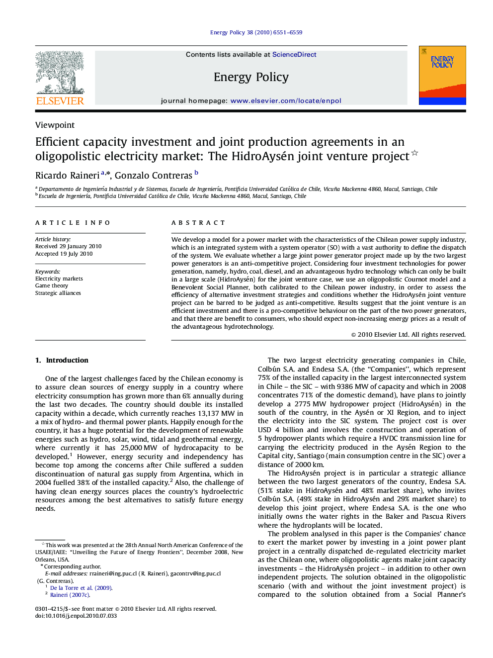 Efficient capacity investment and joint production agreements in an oligopolistic electricity market: The HidroAysén joint venture project 