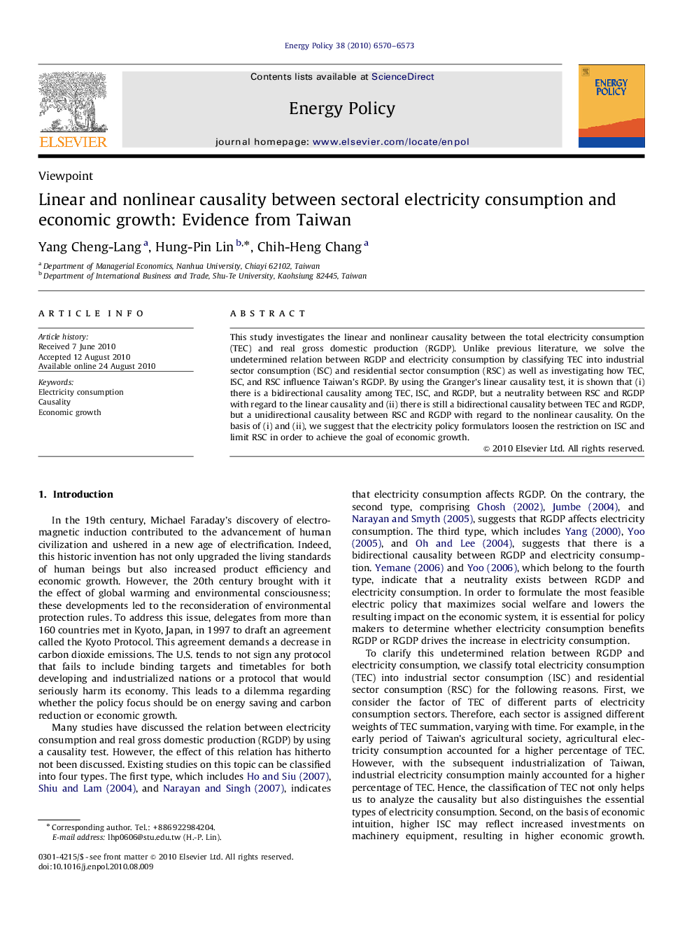 Linear and nonlinear causality between sectoral electricity consumption and economic growth: Evidence from Taiwan