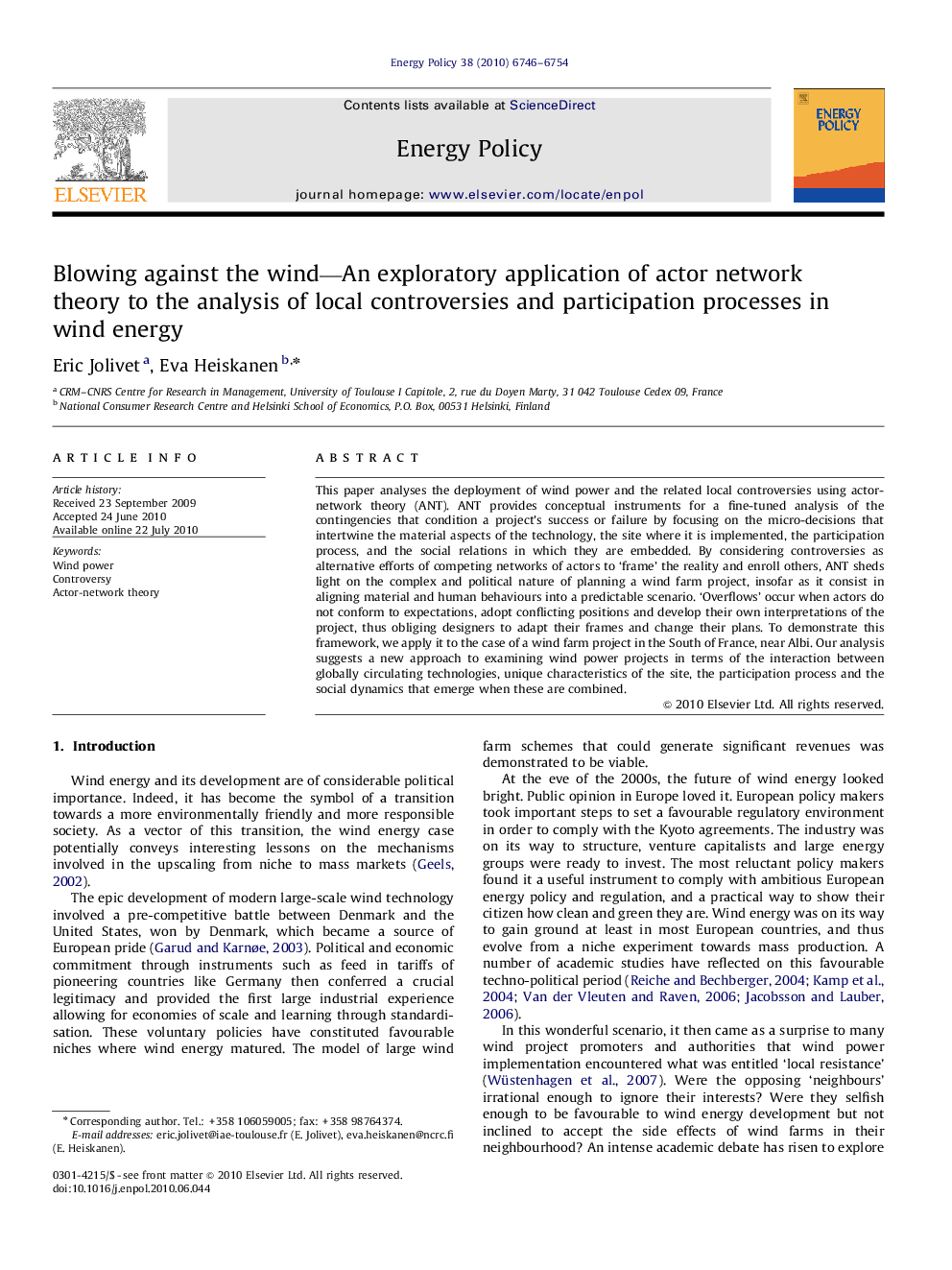 Blowing against the wind—An exploratory application of actor network theory to the analysis of local controversies and participation processes in wind energy