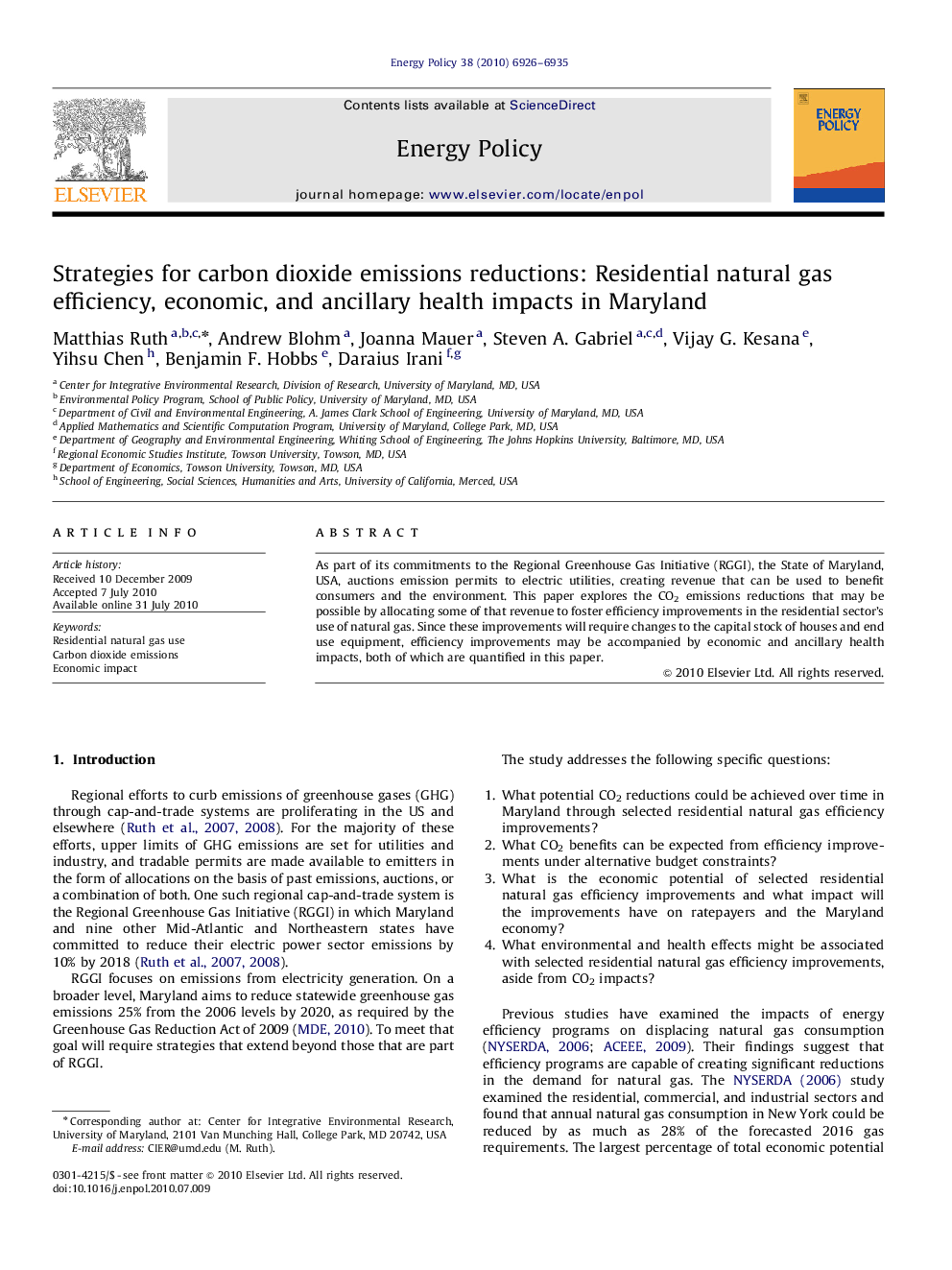 Strategies for carbon dioxide emissions reductions: Residential natural gas efficiency, economic, and ancillary health impacts in Maryland