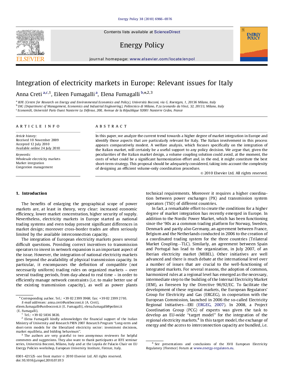 Integration of electricity markets in Europe: Relevant issues for Italy