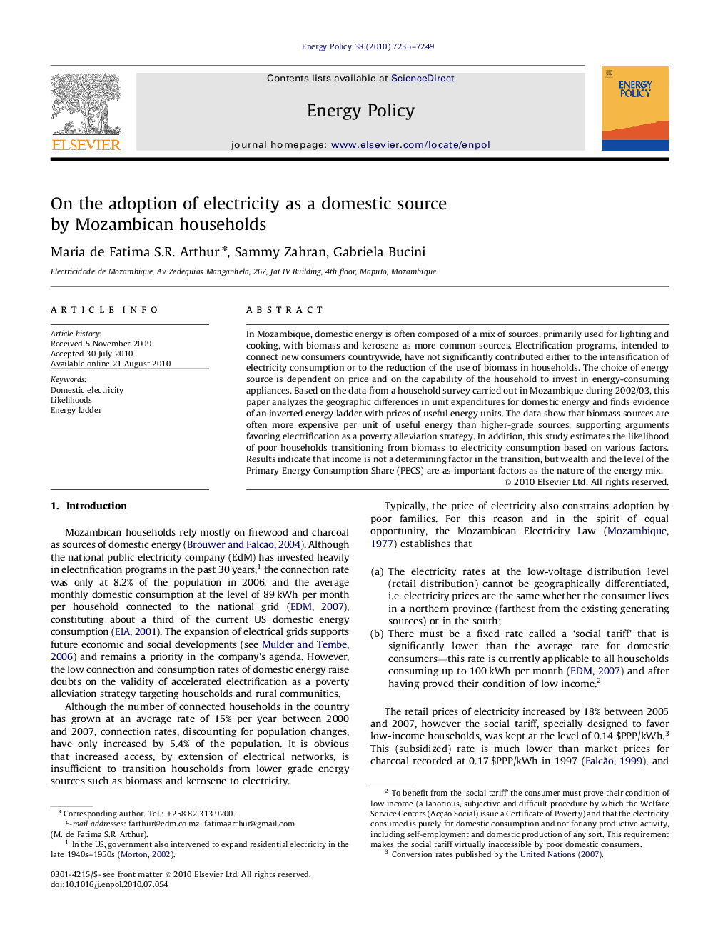 On the adoption of electricity as a domestic source by Mozambican households