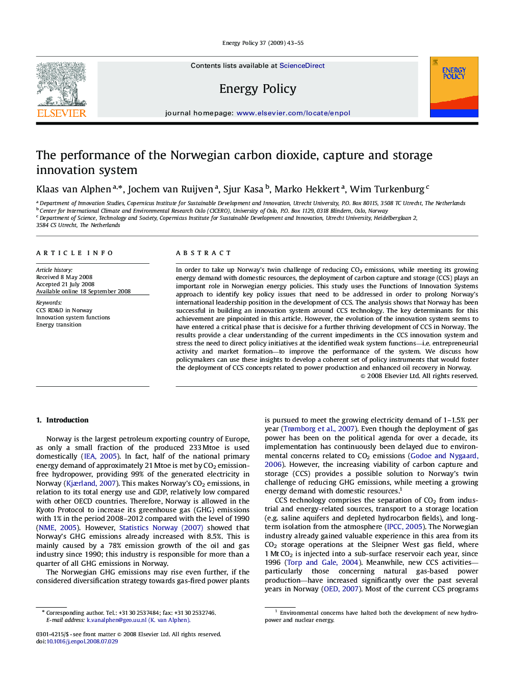 The performance of the Norwegian carbon dioxide, capture and storage innovation system