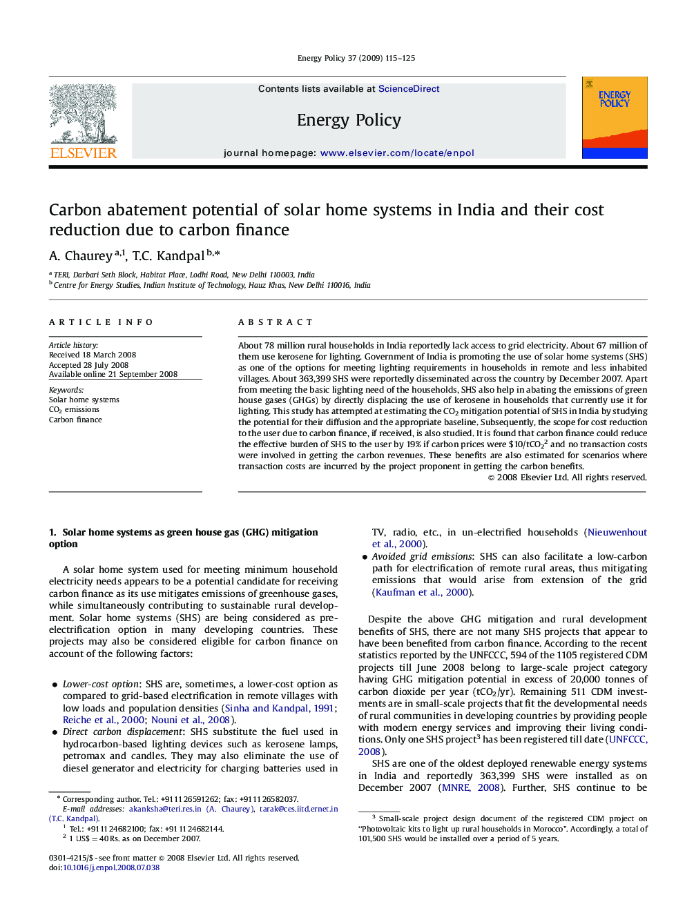 Carbon abatement potential of solar home systems in India and their cost reduction due to carbon finance