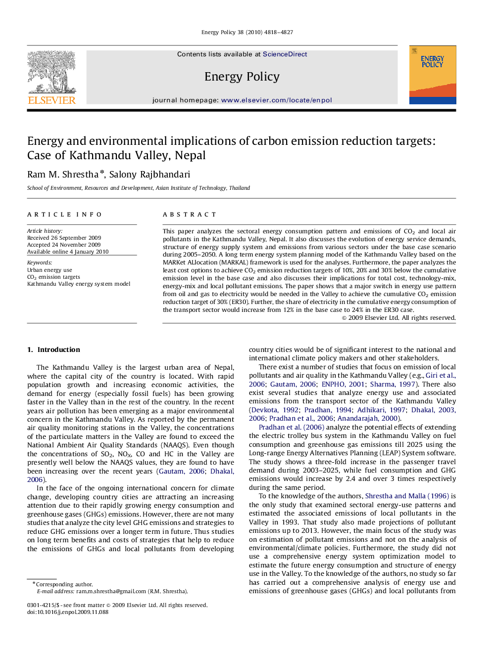 Energy and environmental implications of carbon emission reduction targets: Case of Kathmandu Valley, Nepal