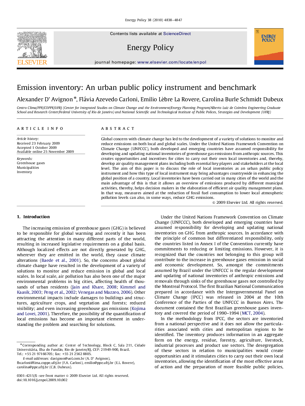 Emission inventory: An urban public policy instrument and benchmark