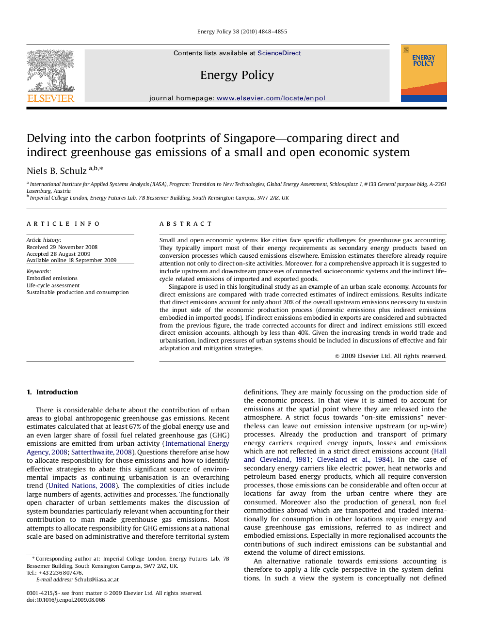 Delving into the carbon footprints of Singapore—comparing direct and indirect greenhouse gas emissions of a small and open economic system