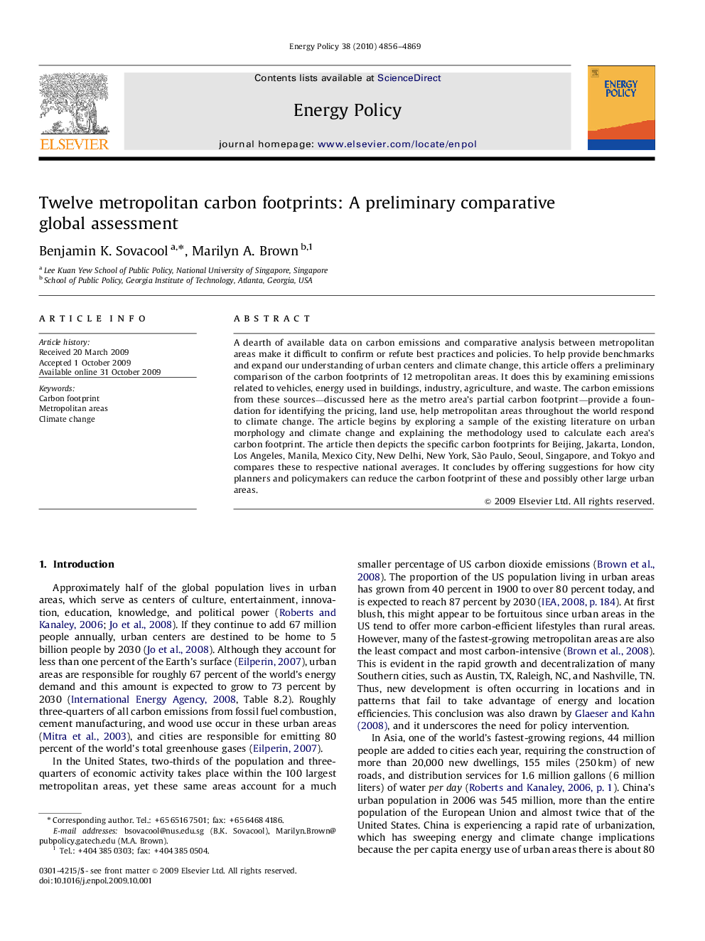 Twelve metropolitan carbon footprints: A preliminary comparative global assessment