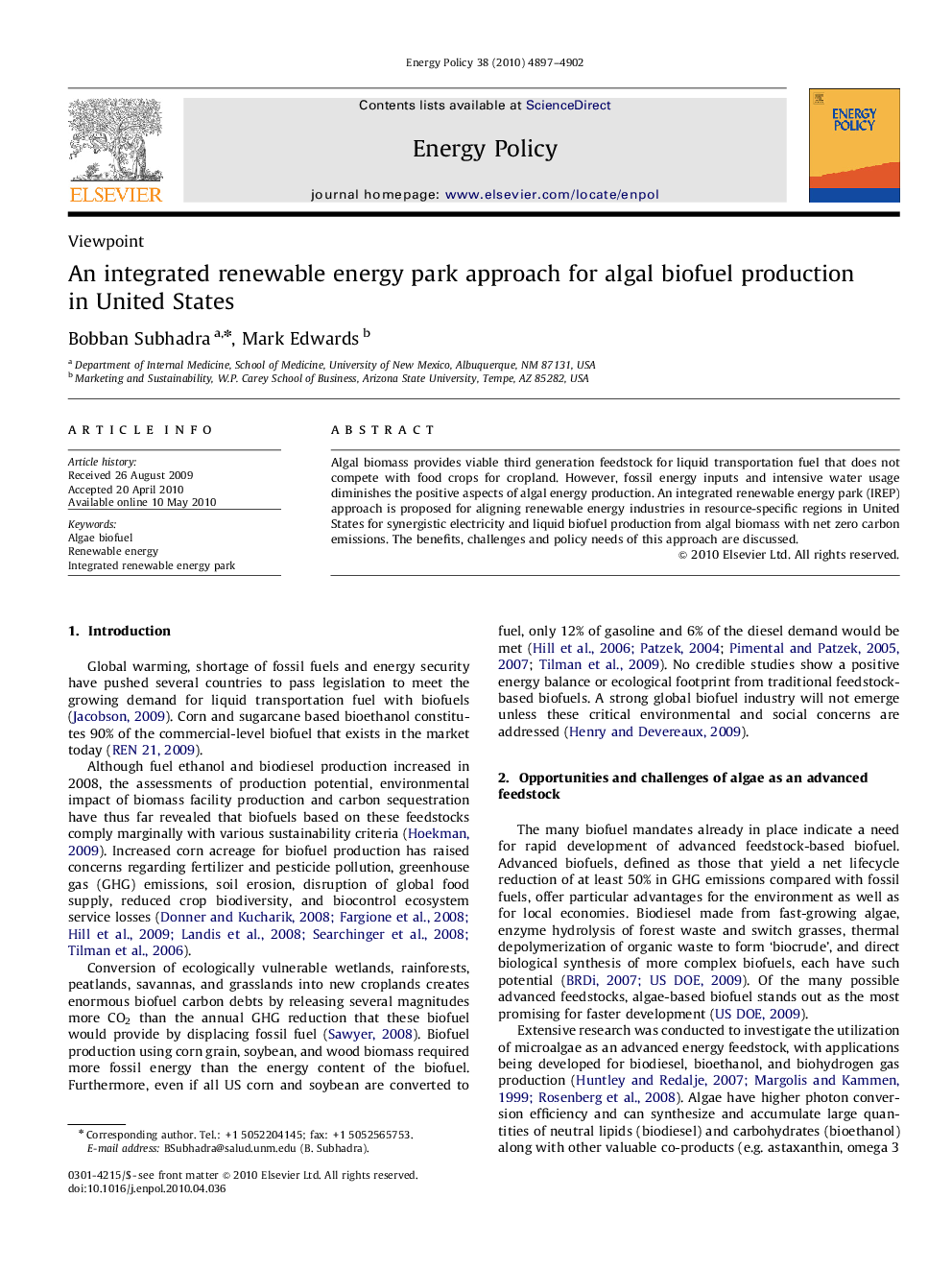 An integrated renewable energy park approach for algal biofuel production in United States