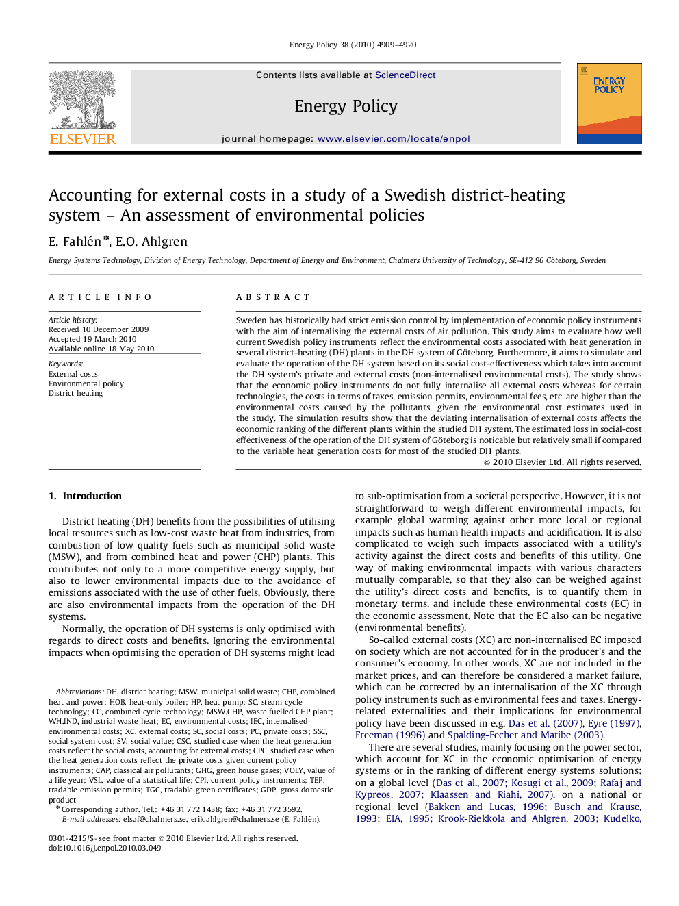 Accounting for external costs in a study of a Swedish district-heating system – An assessment of environmental policies