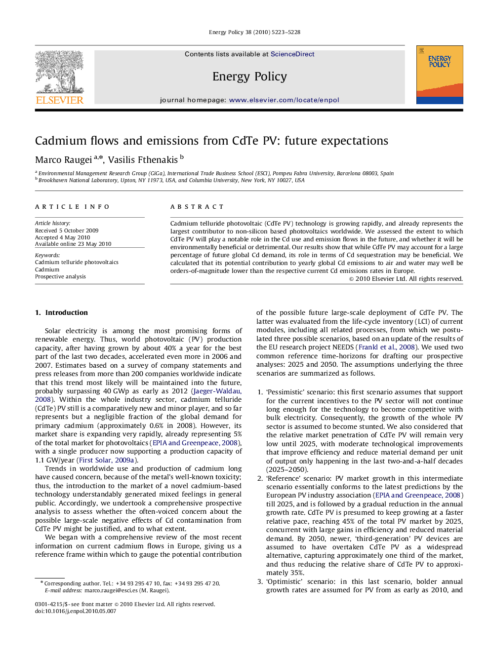 Cadmium flows and emissions from CdTe PV: future expectations