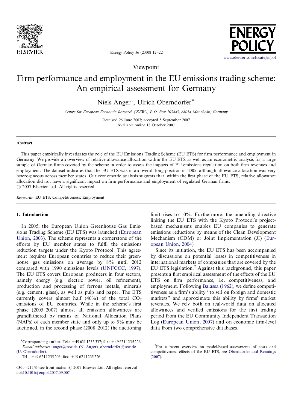 عکس صفحه اول مقاله: Firm performance and employment in the EU emissions trading scheme: An empirical assessment for Germany Firm performance and employment in the EU emissions trading scheme: An empirical assessment for Germany