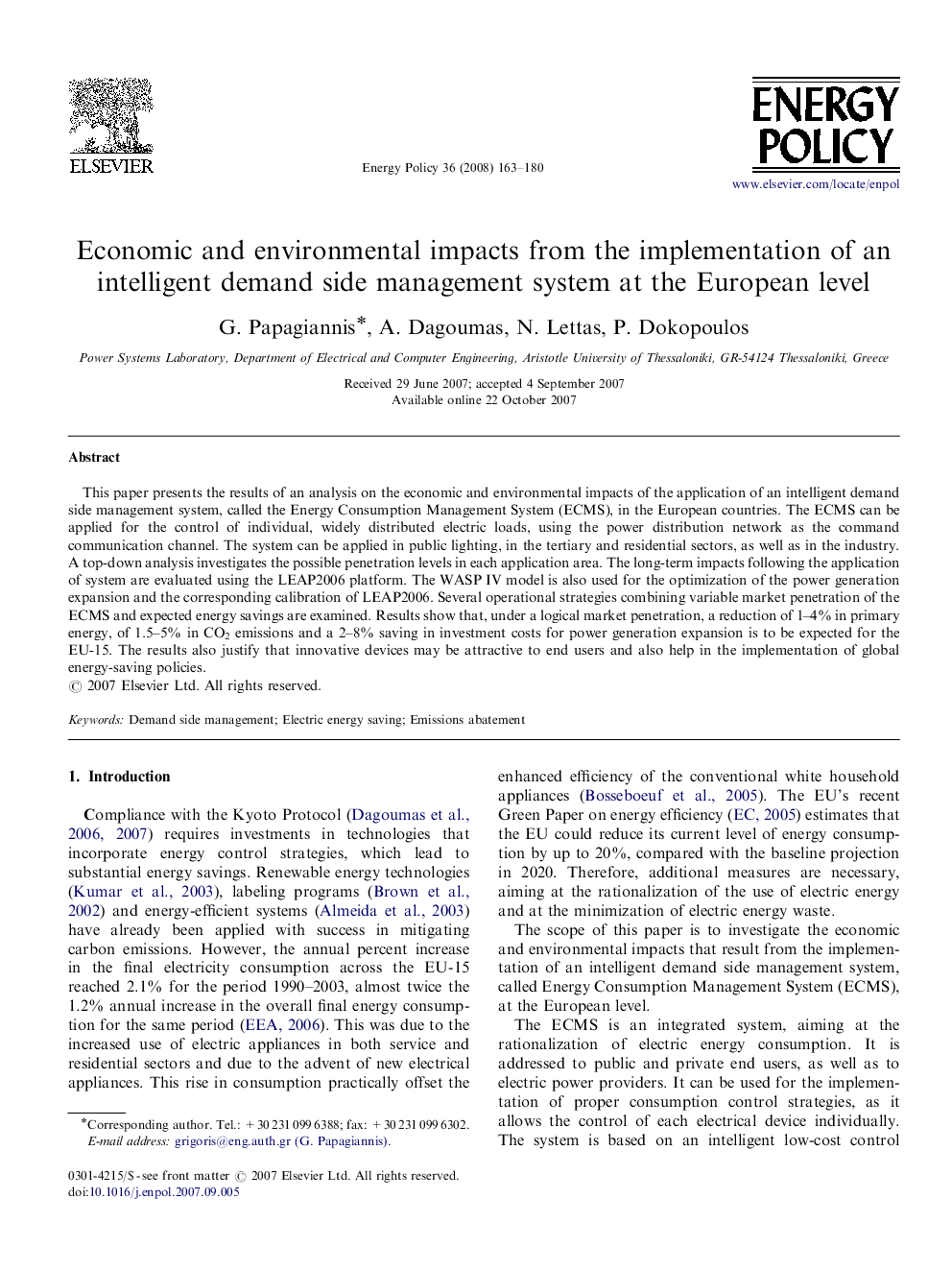 Economic and environmental impacts from the implementation of an intelligent demand side management system at the European level