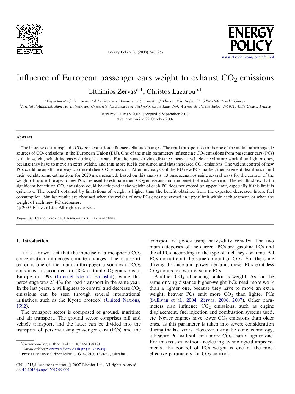 Influence of European passenger cars weight to exhaust CO2 emissions